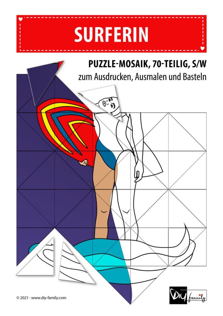 Surferin – Mosaikpuzzle zum Ausschneiden und Ausmalen