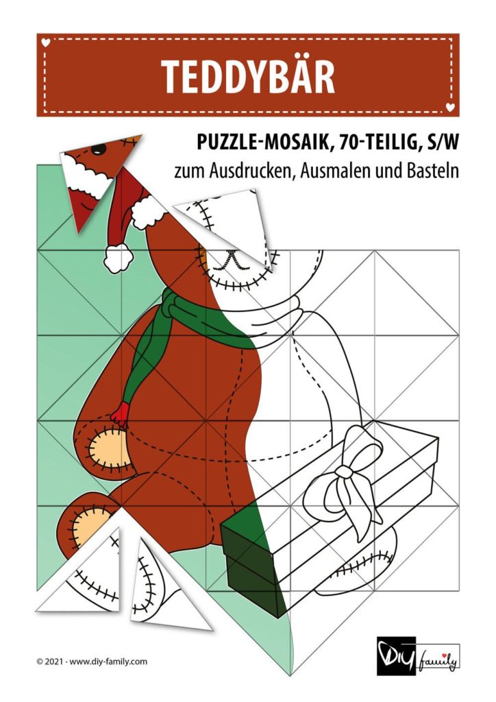 Teddybär – Mosaikpuzzle zum Ausschneiden und Ausmalen