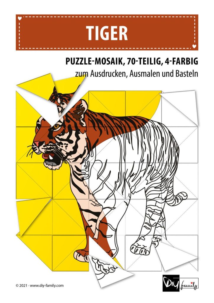 Tiger – Mosaikpuzzle zum Ausschneiden und Ausmalen