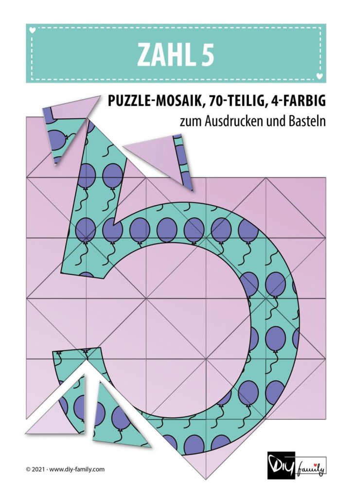 Ballonmusterzahl 5 – Mosaikpuzzle zum Ausschneiden und Basteln