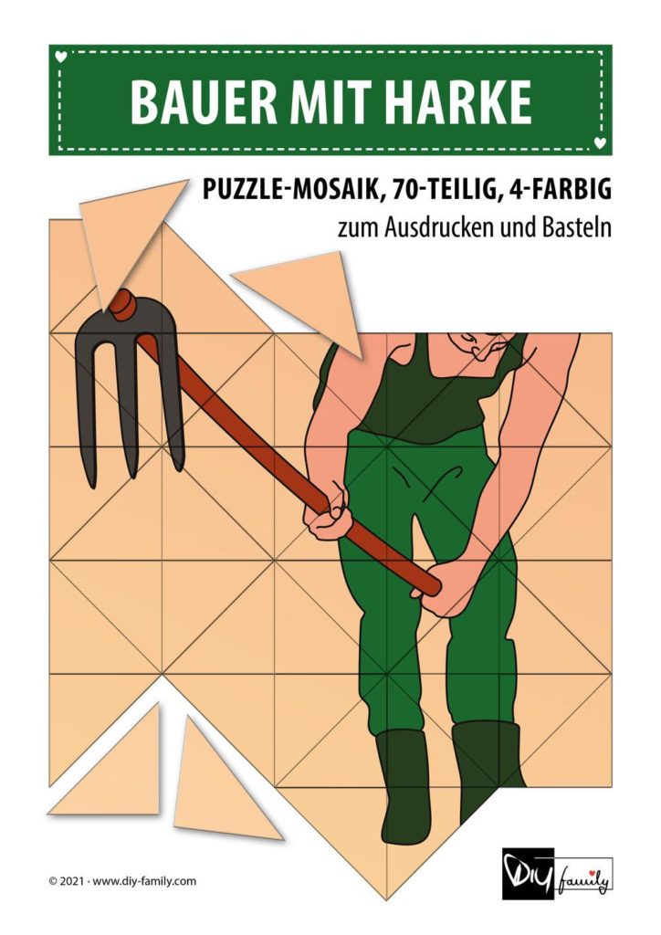 Bauer mit Harke – Mosaikpuzzle zum Ausschneiden und Basteln