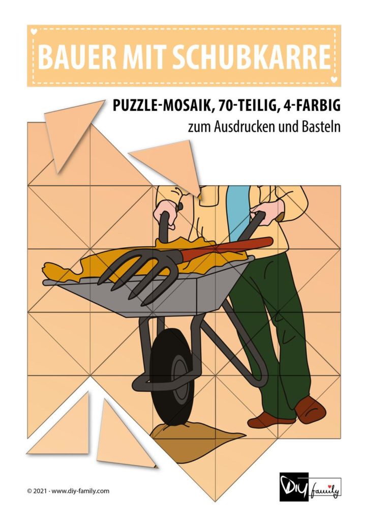Bauer mit Schubkarre – Mosaikpuzzle zum Ausschneiden und Basteln