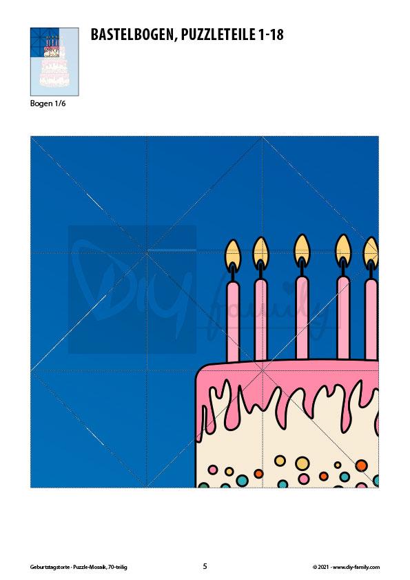 Geburtstagstorte – Mosaikpuzzle zum Ausschneiden und Basteln