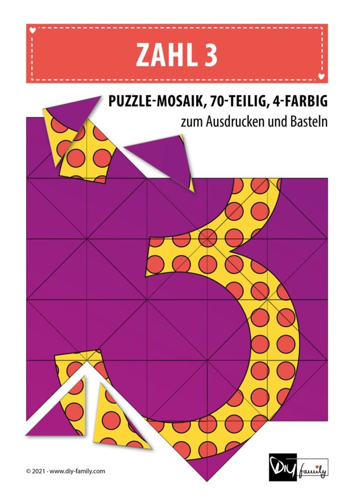 Gepunktete Zahlen 3 – Mosaikpuzzle zum Ausschneiden und Basteln