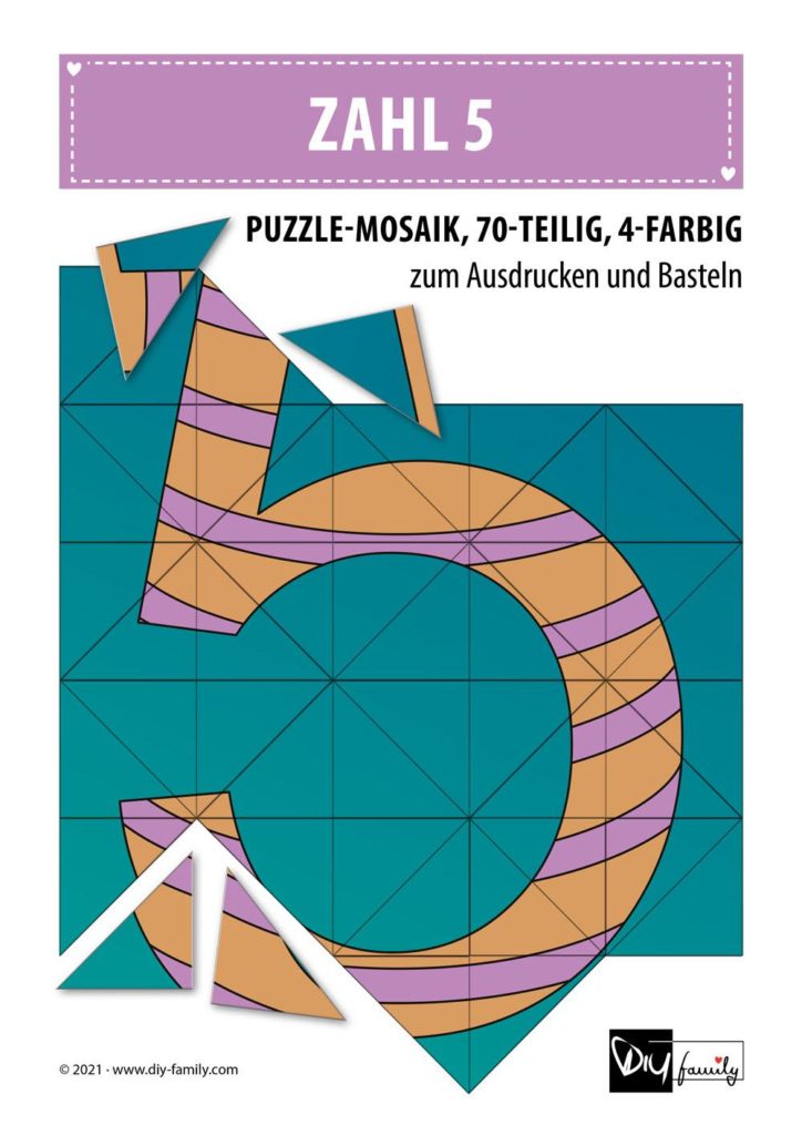 Gestreifte Zahlen 5 – Mosaikpuzzle zum Ausschneiden und Basteln