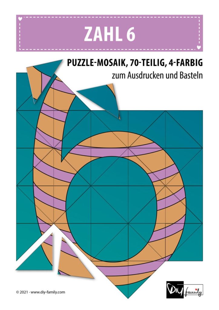 Gestreifte Zahlen 6 – Mosaikpuzzle zum Ausschneiden und Basteln