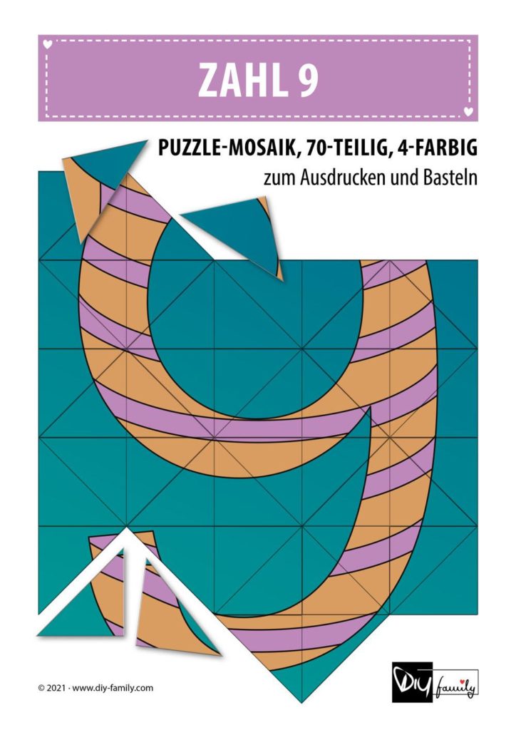 Gestreifte Zahlen 9 – Mosaikpuzzle zum Ausschneiden und Basteln