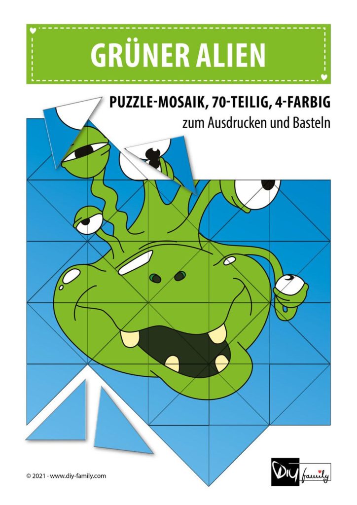 Grüner Alien – Mosaikpuzzle zum Ausschneiden und Basteln