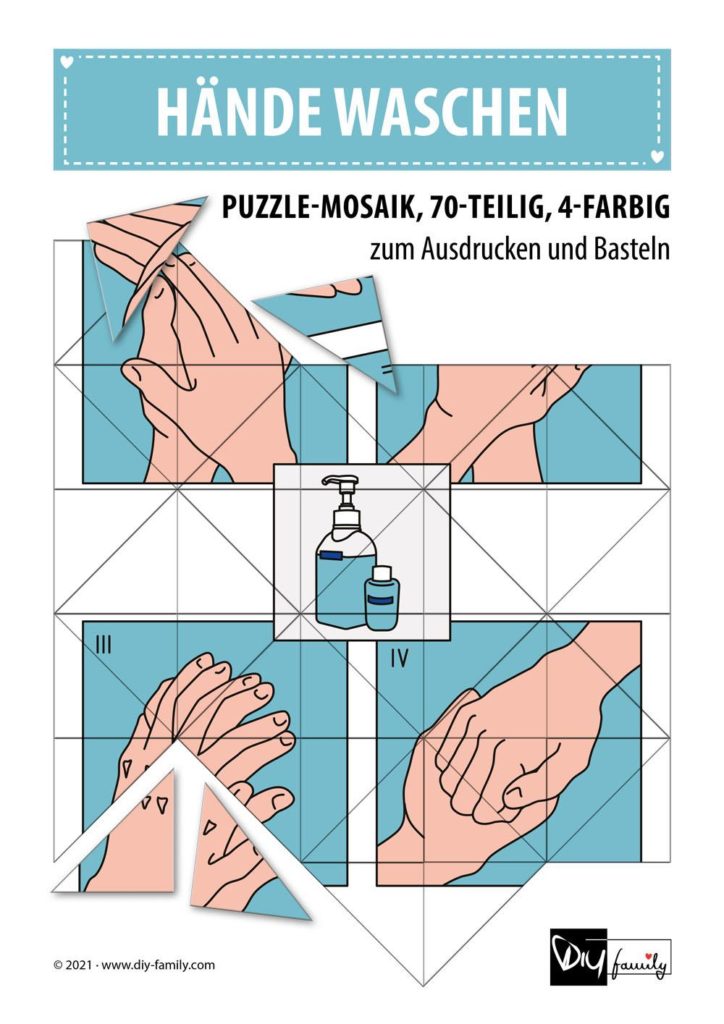 Haende waschen – Mosaikpuzzle zum Ausschneiden und Basteln