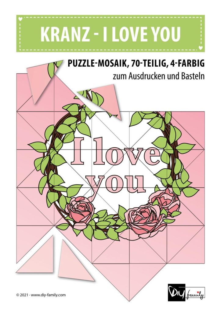 Kranz I Love You – Mosaikpuzzle zum Ausschneiden und Basteln