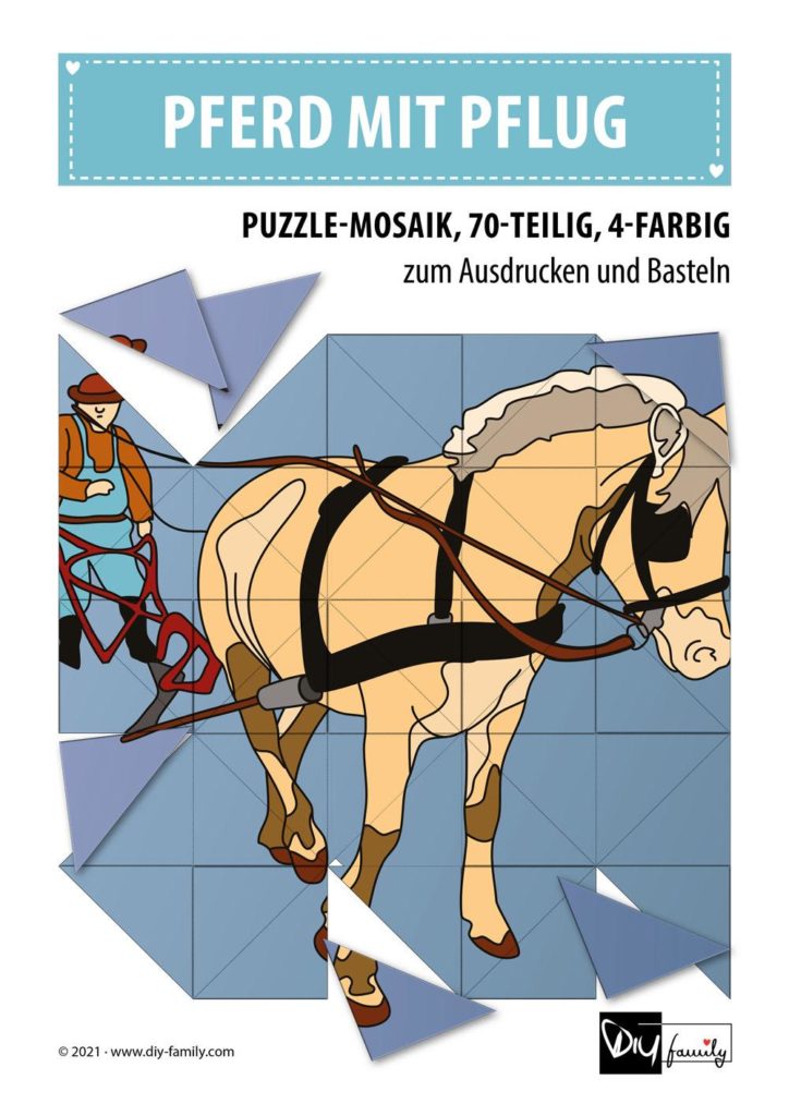 Pferd mit Pflug – Mosaikpuzzle zum Ausschneiden und Basteln