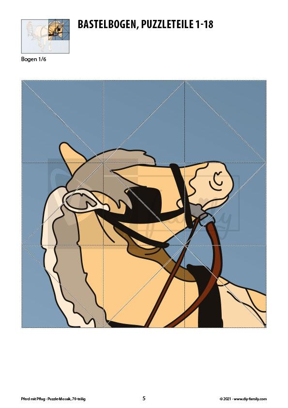 Pferd mit Pflug – Mosaikpuzzle zum Ausschneiden und Basteln
