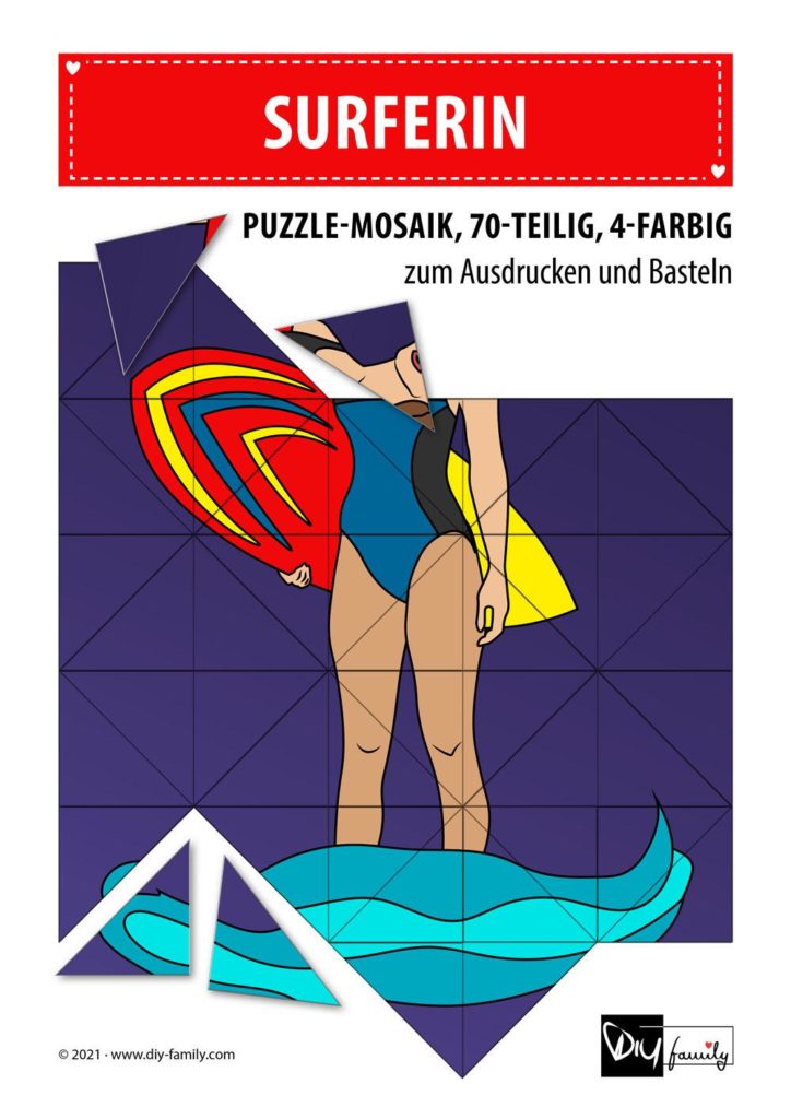 Surferin – Mosaikpuzzle zum Ausschneiden und Basteln
