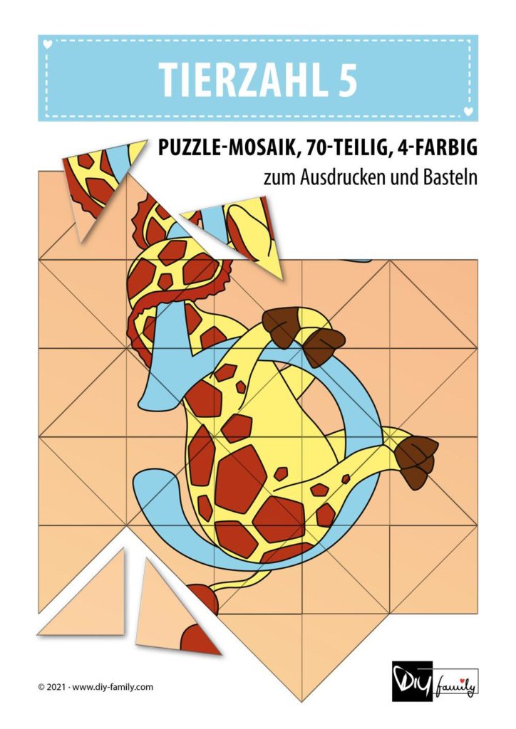 Tierzahlen 5 – Mosaikpuzzle zum Ausschneiden und Basteln