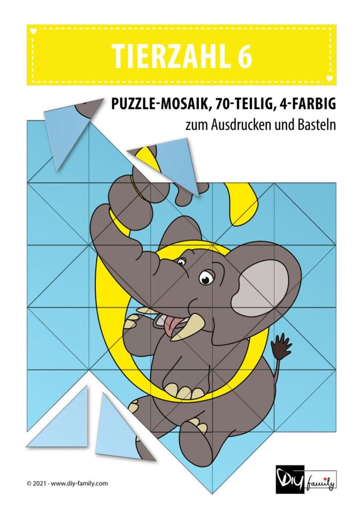 Tierzahlen 6 – Mosaikpuzzle zum Ausschneiden und Basteln