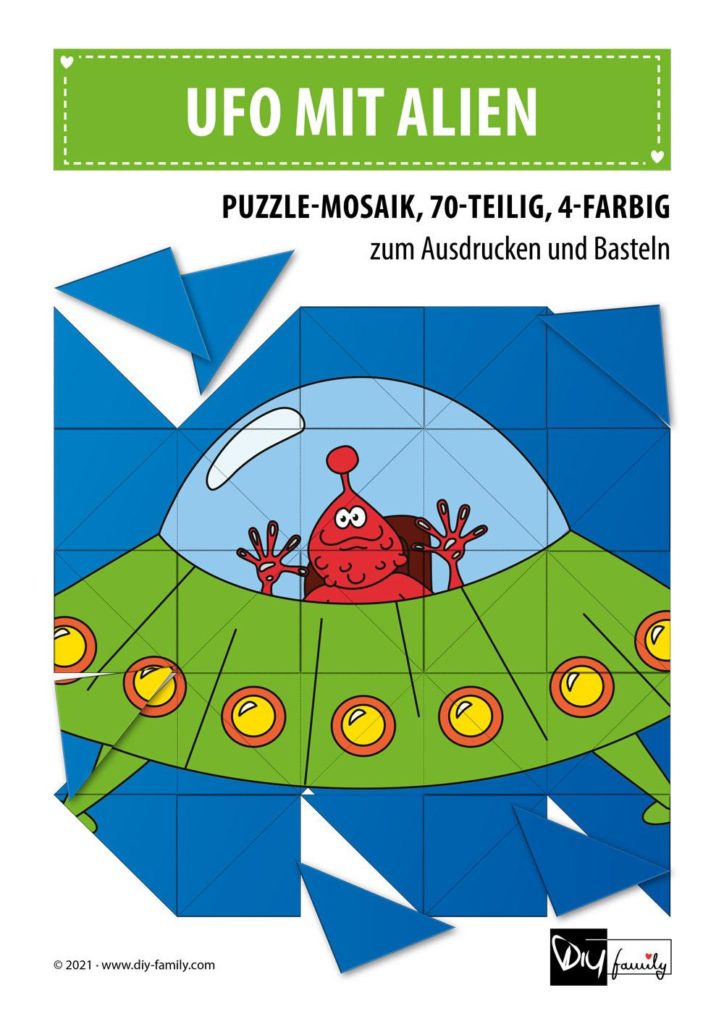 UFO mit Alien – Mosaikpuzzle zum Ausschneiden und Basteln