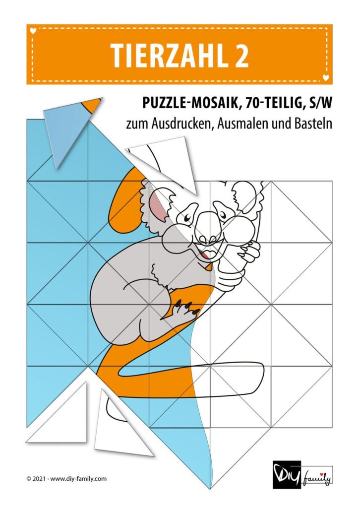Tierzahlen 2 – Mosaikpuzzle zum Ausschneiden und Ausmalen