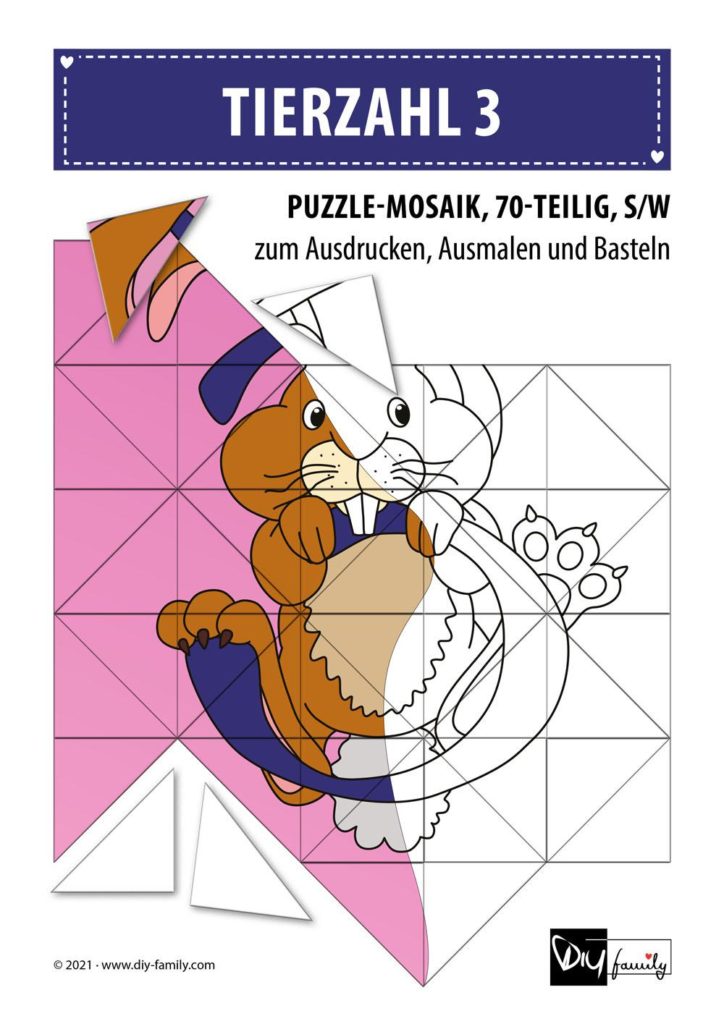 Tierzahlen 3 – Mosaikpuzzle zum Ausschneiden und Ausmalen