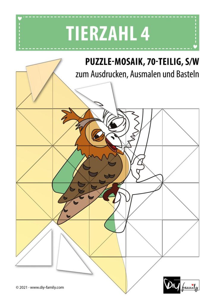 Tierzahlen 4 – Mosaikpuzzle zum Ausschneiden und Ausmalen