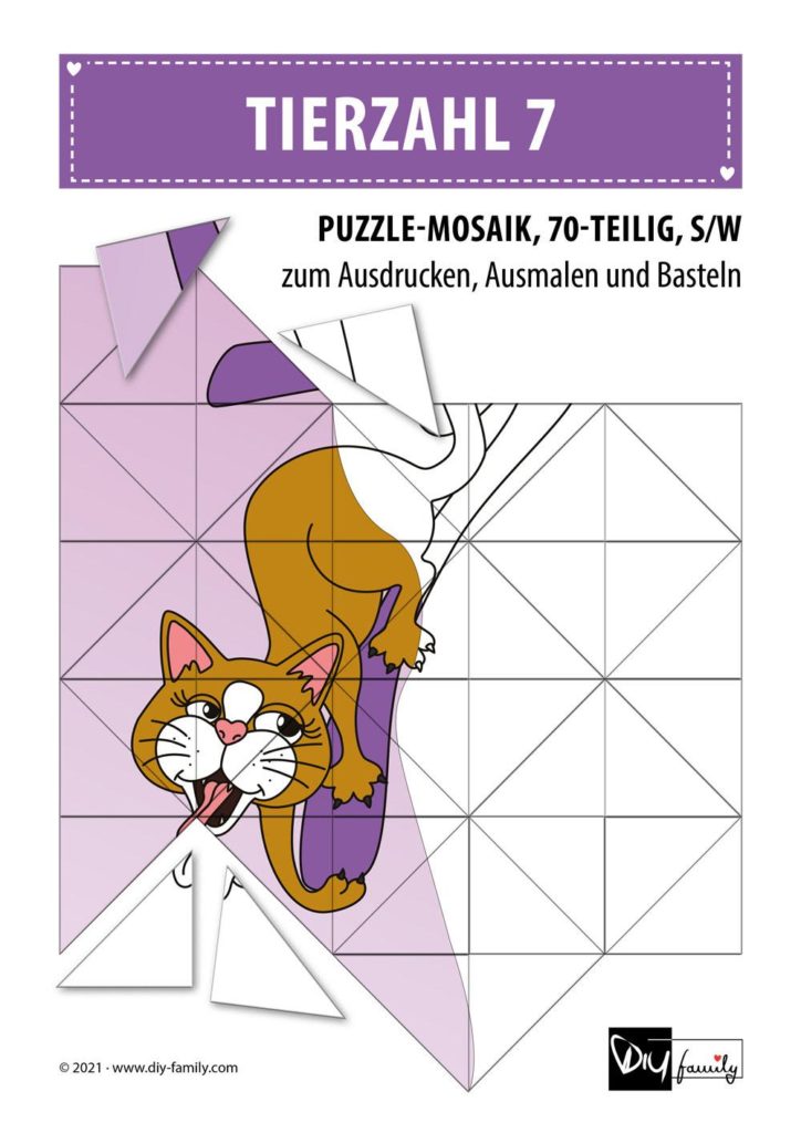 Tierzahlen 7 – Mosaikpuzzle zum Ausschneiden und Ausmalen