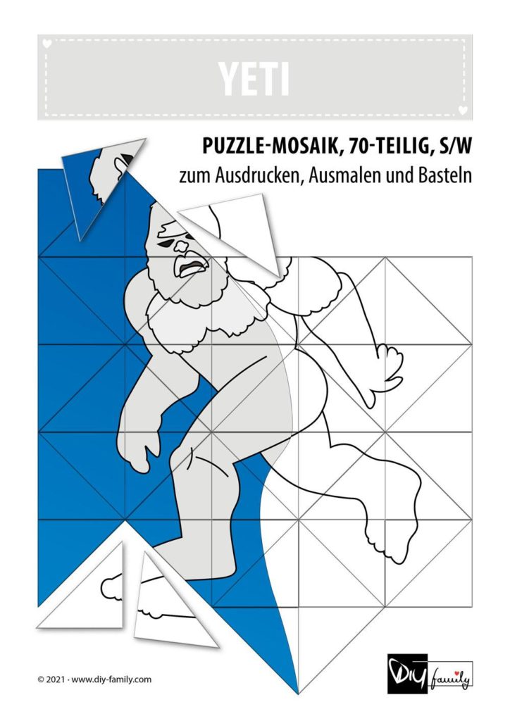 Yeti – Mosaikpuzzle zum Ausschneiden und Ausmalen