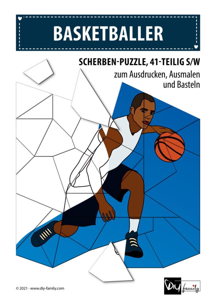 Basketball – Scherben-Puzzle zum Ausdrucken, Ausschneiden und Ausmalen