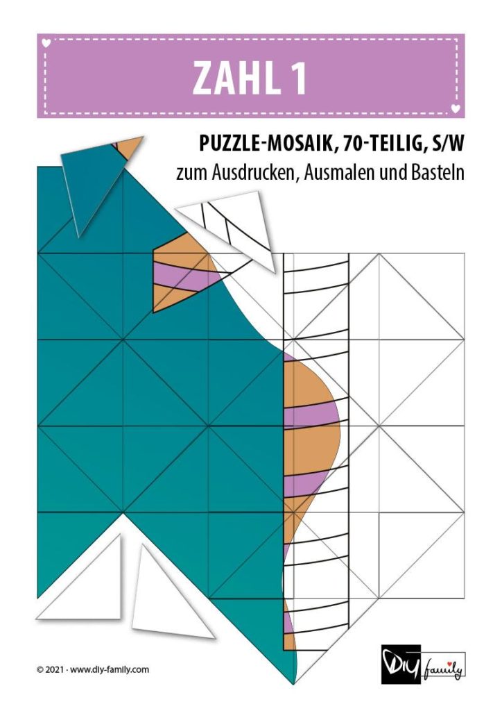 Gestreifte Zahlen 1 – Mosaikpuzzle zum Ausschneiden und Ausmalen