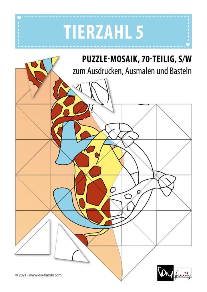 Tierzahlen 5 – Mosaikpuzzle zum Ausschneiden und Ausmalen