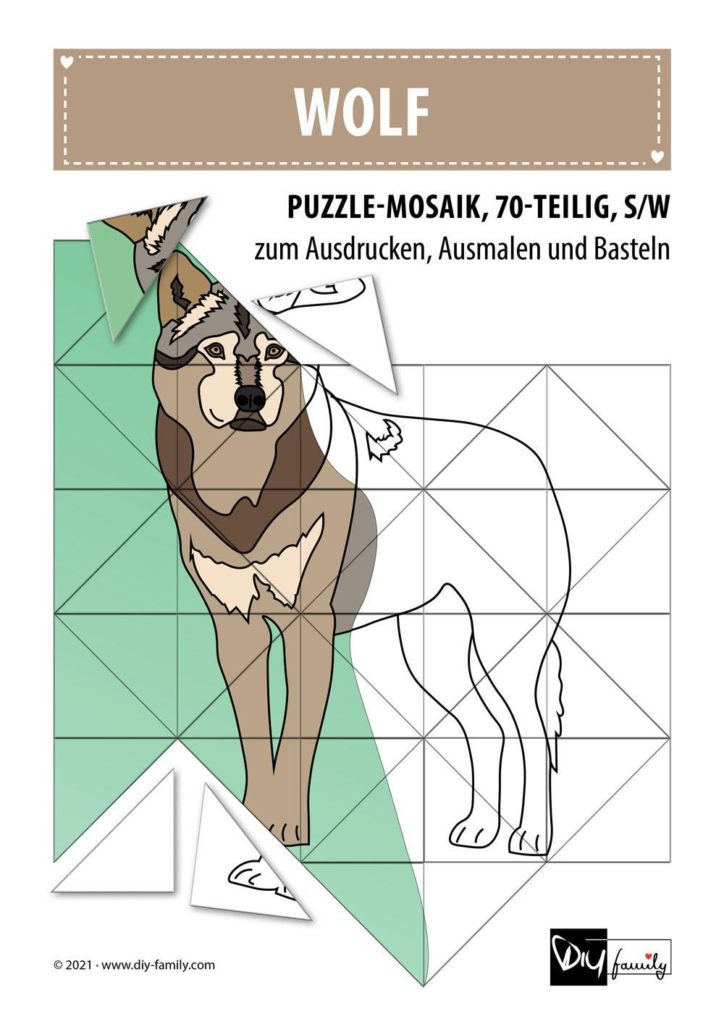 Wolf – Mosaikpuzzle zum Ausschneiden und Ausmalen