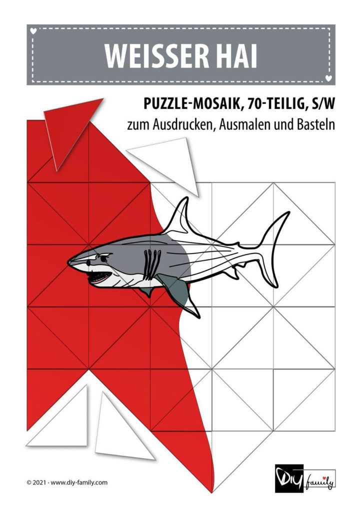 Weisser Hai – Mosaikpuzzle zum Ausschneiden und Ausmalen