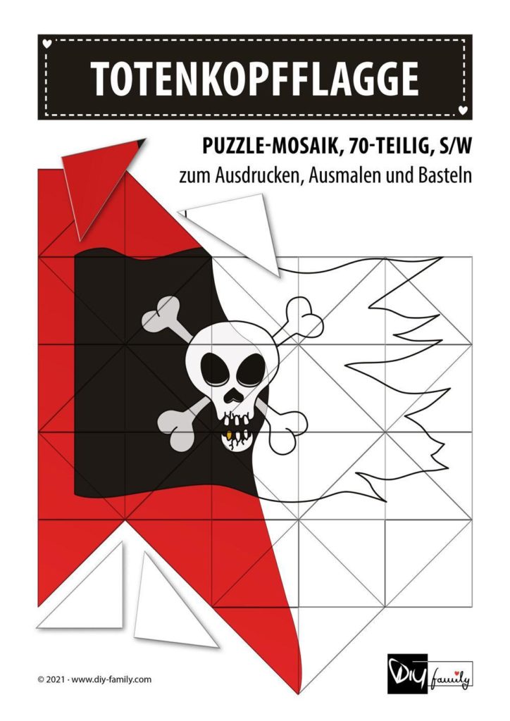 Totenkopfflagge – Mosaikpuzzle zum Ausschneiden und Ausmalen
