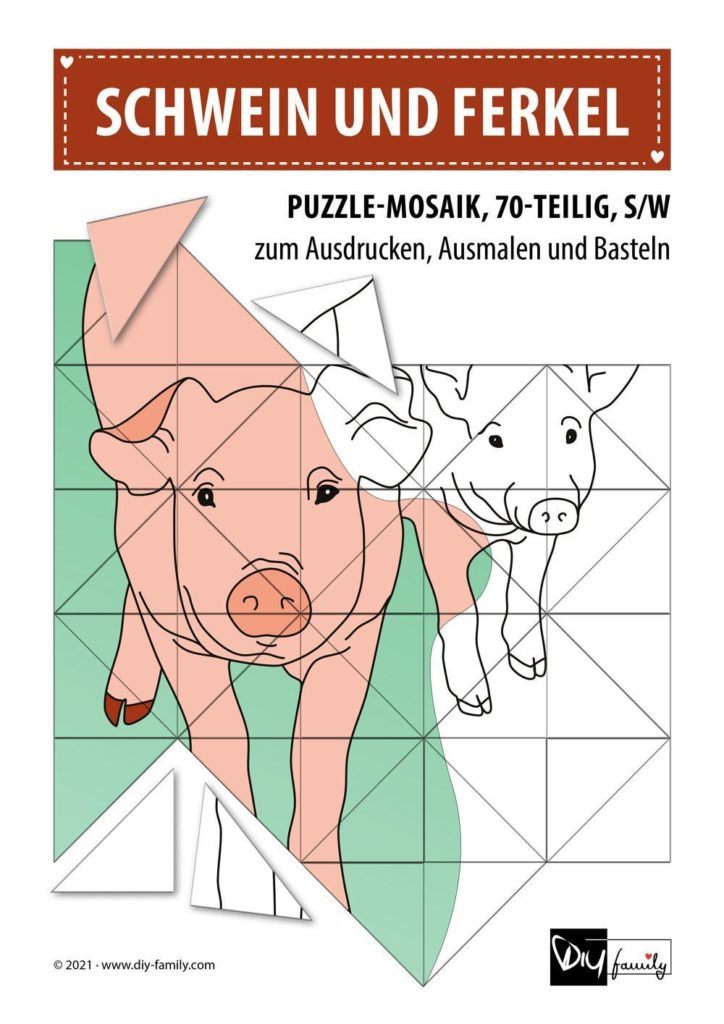 Schwein und Ferkel – Mosaikpuzzle zum Ausschneiden und Ausmalen