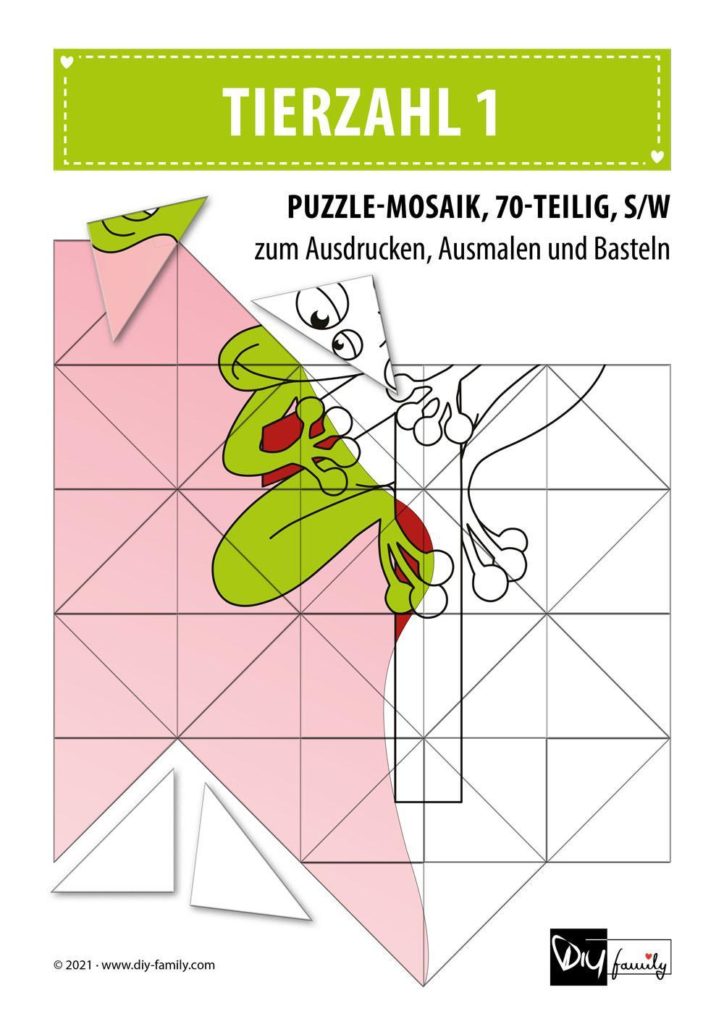 Tierzahlen 1 – Mosaikpuzzle zum Ausschneiden und Ausmalen