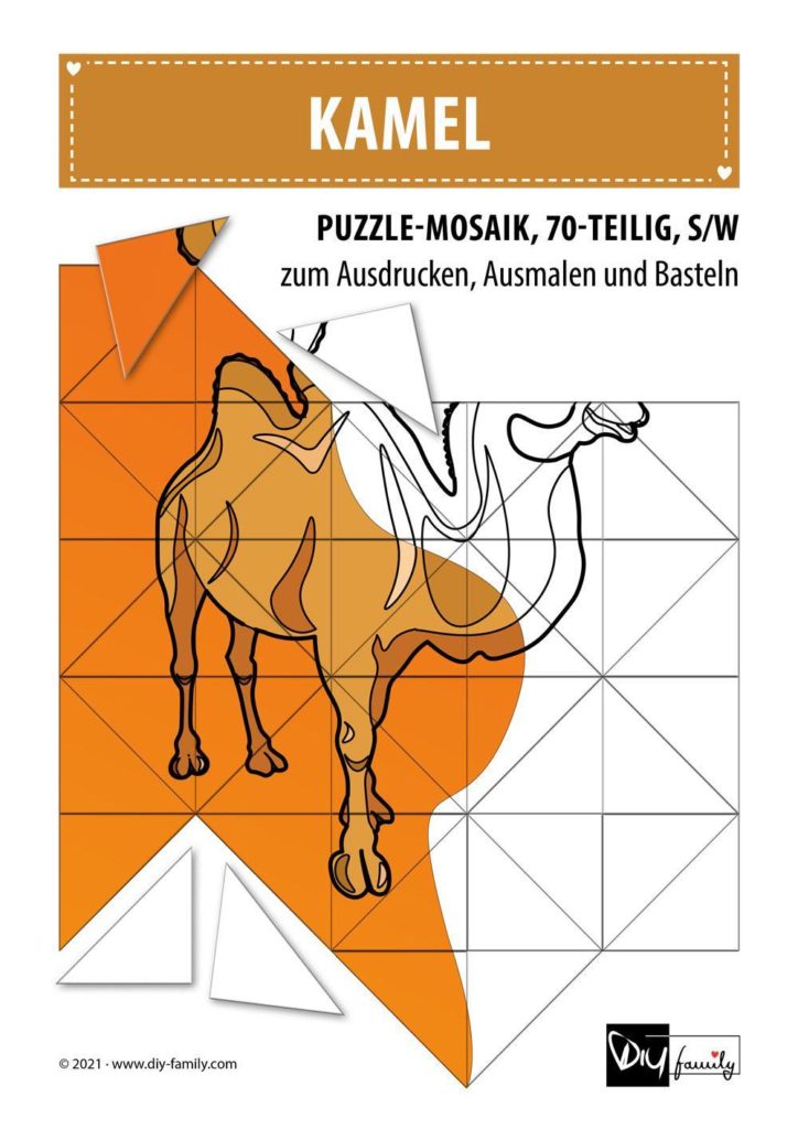 Kamel – Mosaikpuzzle zum Ausschneiden und Ausmalen
