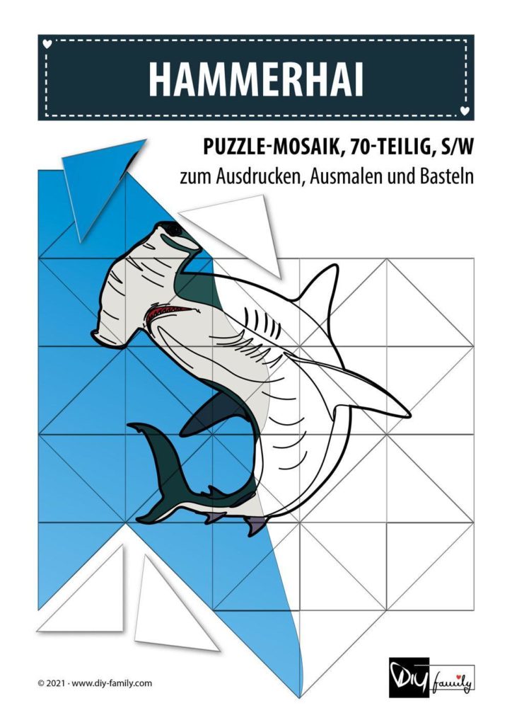 Hammerhai – Mosaikpuzzle zum Ausschneiden und Ausmalen