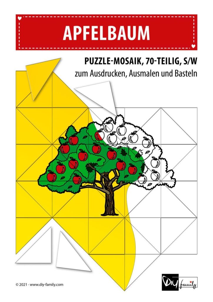 Apfelbaum – Mosaikpuzzle zum Ausschneiden und Ausmalen