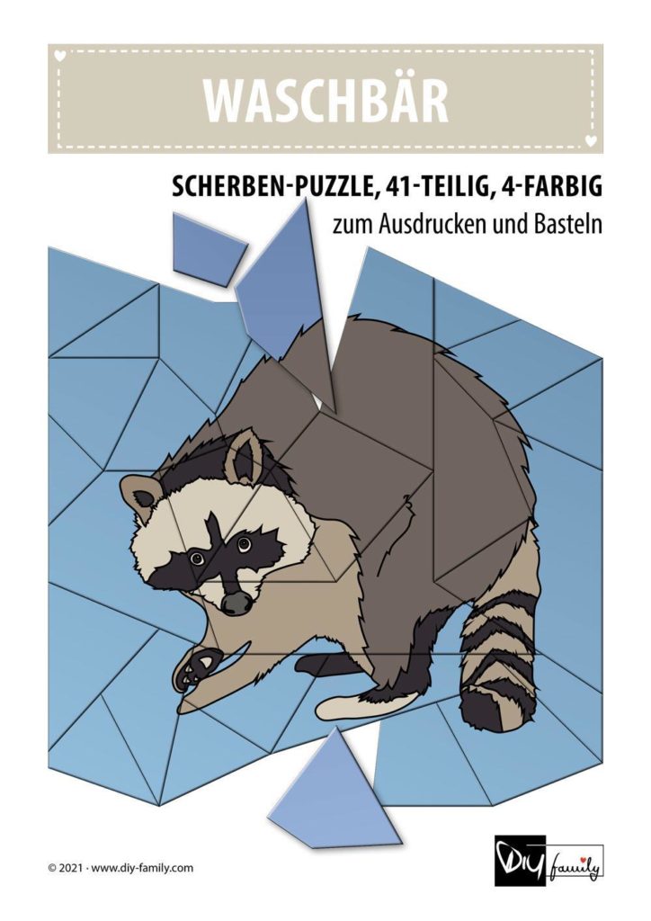 Waschbär – Scherben-Puzzle zum Ausdrucken und Ausschneiden